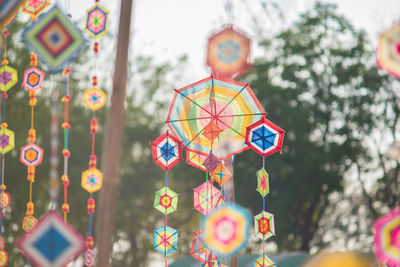 Close-up of multi colored hanging on tree