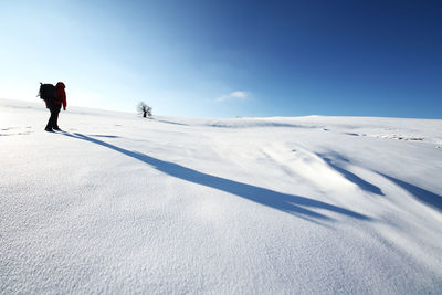 Man walking on snow covered landscape against sky