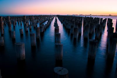 A beautiful sunset panoramic view from princes pier, the historic derelicted pier in port melbourne. 