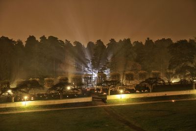 High angle view of woodland cemetery and arboretum at night