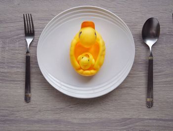High angle view of food in plate on table