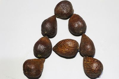 High angle view of eggs against white background