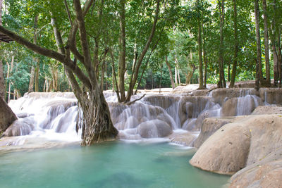 Laos tad sae waterfall in the green forest, long exposure showing the nature of laos