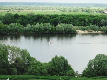 Scenic view of lake against trees in forest