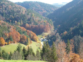 Scenic view of trees and mountains against sky