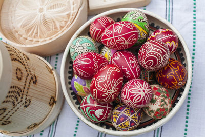 High angle view of multi colored candies on table