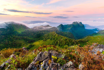 Scenic view of mountains against sky during sunset