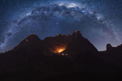 Scenic view of mountain against sky at night