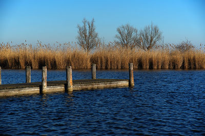 Scenic view of calm lake against clear sky