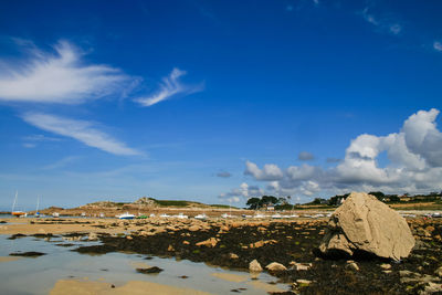 Scenic view of land against blue sky