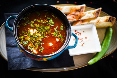 High angle view of meal served on table