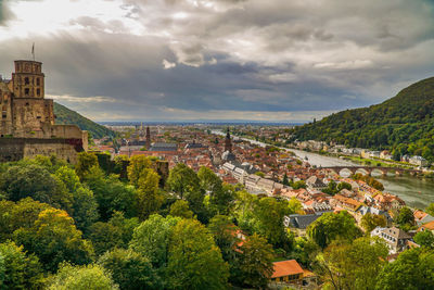 High angle shot of townscape against sky