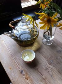 High angle view of tea cup on table