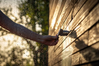Cropped hand of man standing in forest