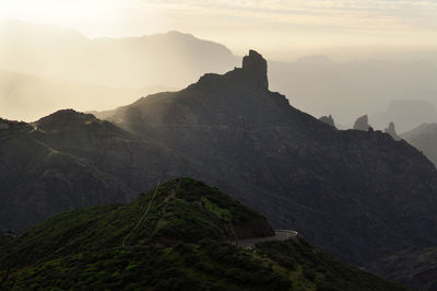 Scenic view of mountains against sky at sunset