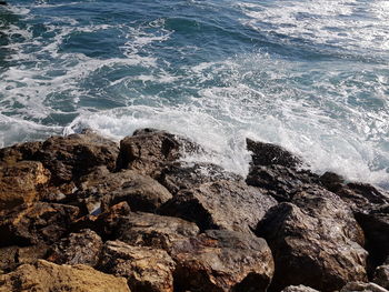 High angle view of rocks on beach