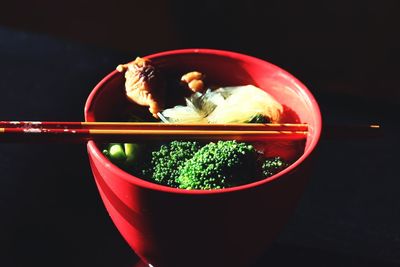 High angle view of vegetables in bowl on table