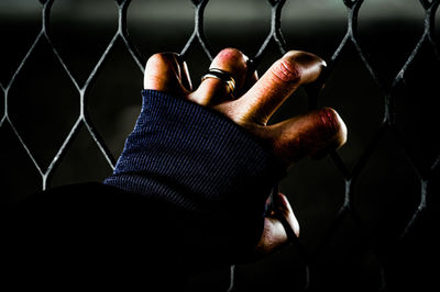 Close-up of human hand on chainlink fence