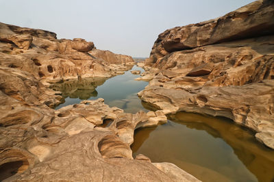 Scenic view of waterfall against sky