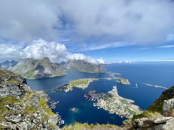 Aerial view of sea and island against sky. reine in lofoten