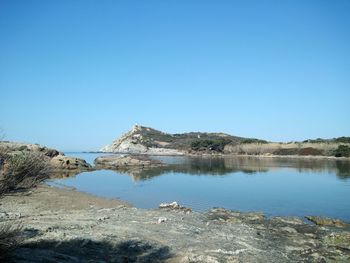 Scenic view of lake against clear blue sky