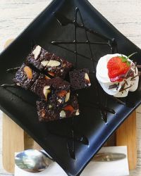 High angle view of dessert in plate on table