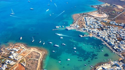 High angle view of boats moored in sea