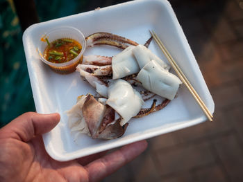 High angle view of person holding grilled octopus