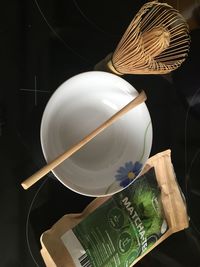 High angle view of hat on table