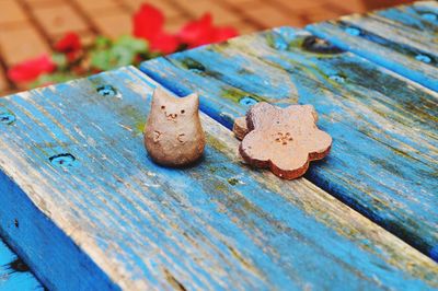 High angle view of weathered wood on table
