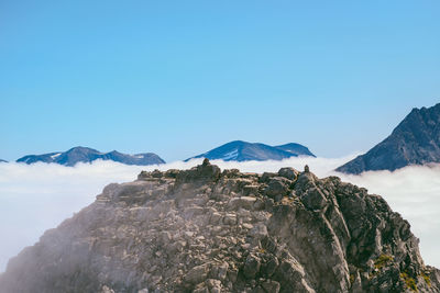 Scenic view of snowcapped mountains against clear blue sky