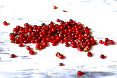 Close-up of red berries over water against white background