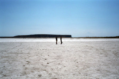 People walking on beach against clear sky