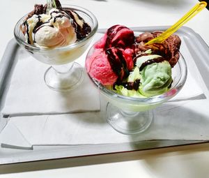 High angle view of ice cream on table