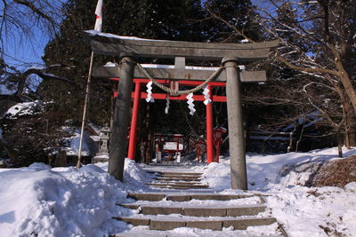 Snow covered staircase by trees during winter