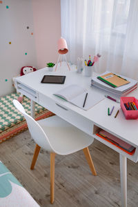 High angle view of empty seats on table at home