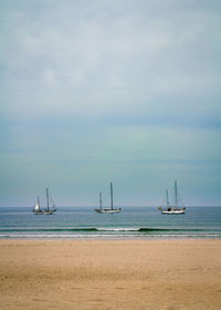 Sailboats moored on sea against sky