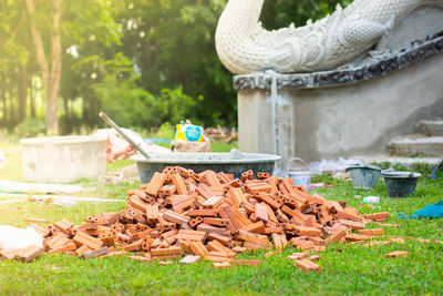 Cement or mortar, cement powder with a trowel put on the brick at construction work.
