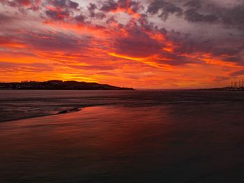 Scenic view of dramatic sky over sea during sunset