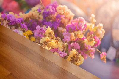 High angle view of pink flowering plant on table