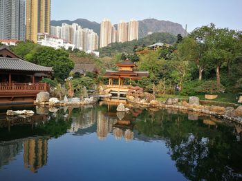 Reflection of buildings in lake