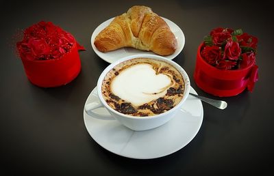 High angle view of breakfast served on table