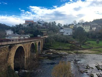 Bridge over river with buildings in background