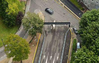 High angle view of road amidst trees