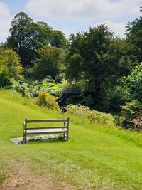 Empty bench on field by trees against sky