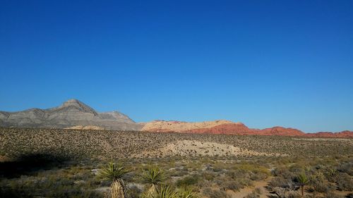 Scenic view of arid landscape against clear blue sky