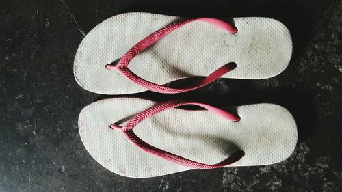 High angle view of red shoes on wood