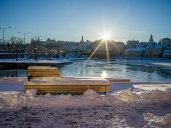 Built structure on snow covered cityscape