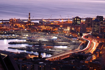 High angle view of illuminated city at night