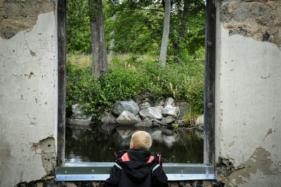 Rear view of boy sitting by window